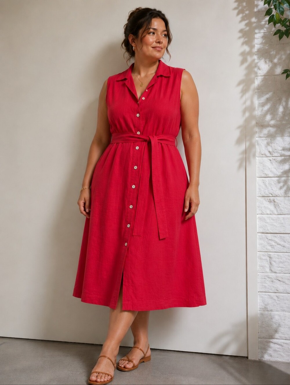 Chicos Red Linen Button Down Belted Midi Dress Size 2.5 Or Large 14 NWOT